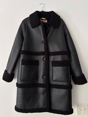 Bearpaw Womens XL Black Faux Leather Sherpa Trim Button Front Car Coat Pockets